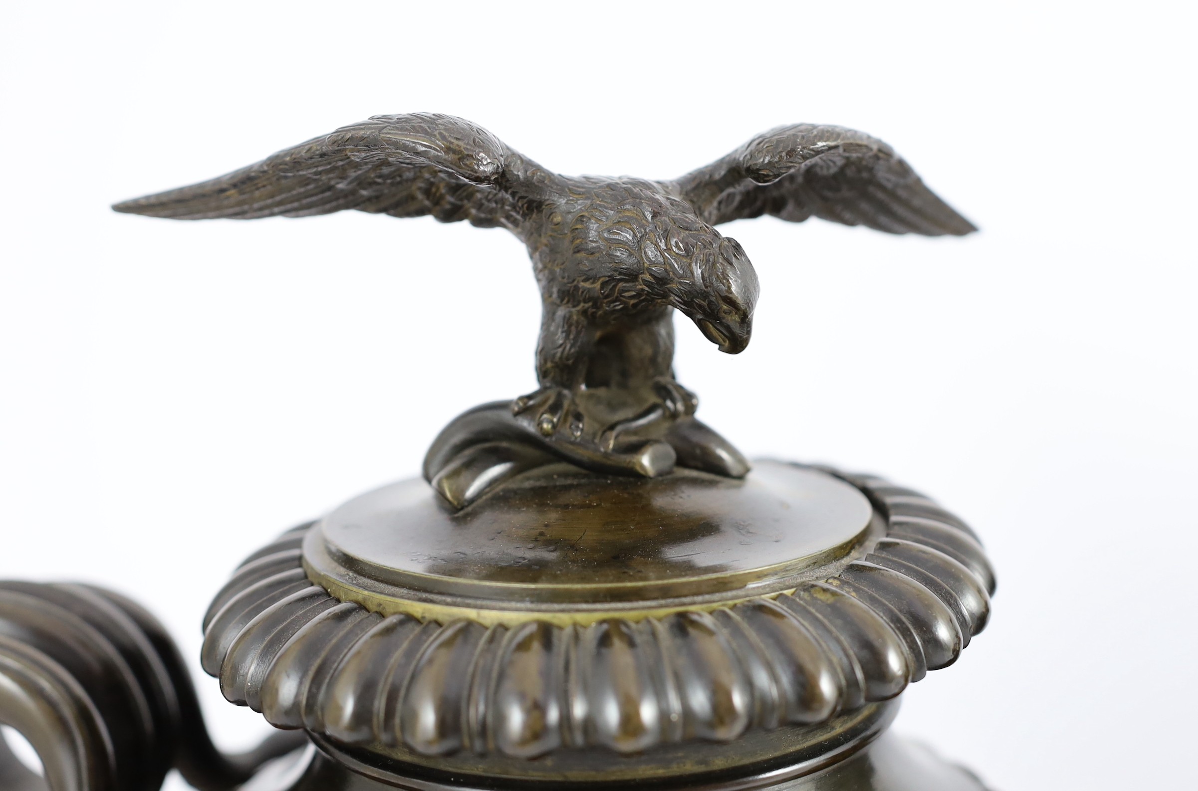 James De Ville, 367 Strand, London. A pair of Regency bronze oil lamps to a design by Thomas Hope, length 31cm depth 16cm height 25cm